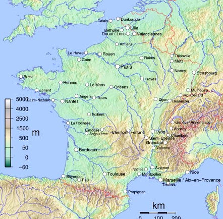 Topographical map of France