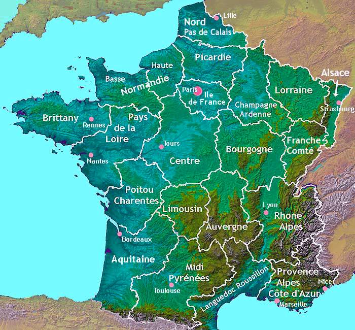 Physical map of France, with regions