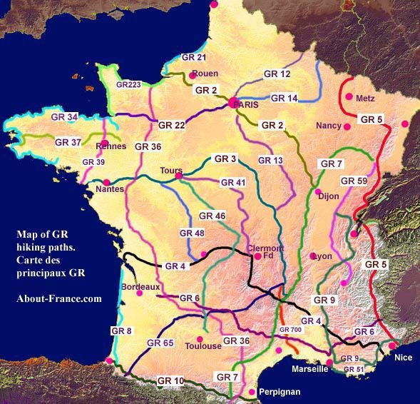 carte des gr Long distance footpaths and hiking trails in France