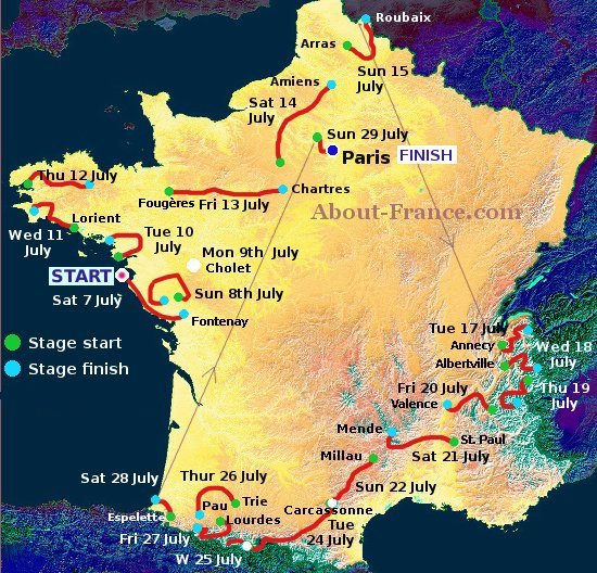 The Tour de France 2018 in English - route and map